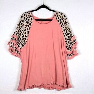 Bad Little Country Girl Pink Linen Blend‎ Leopard Ruffle Sleeve Top XL WC2676